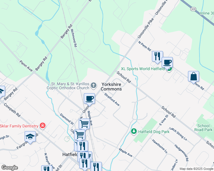 map of restaurants, bars, coffee shops, grocery stores, and more near 2336 Cambridge Circle in Hatfield