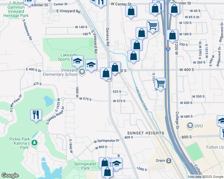 map of restaurants, bars, coffee shops, grocery stores, and more near 1590 525 South in Orem