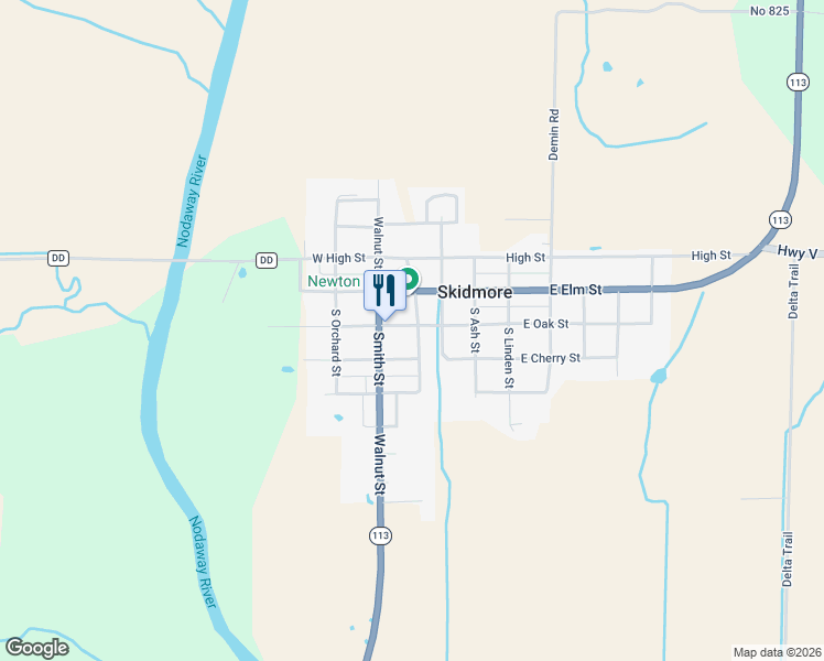 map of restaurants, bars, coffee shops, grocery stores, and more near Chestnut Street in Skidmore