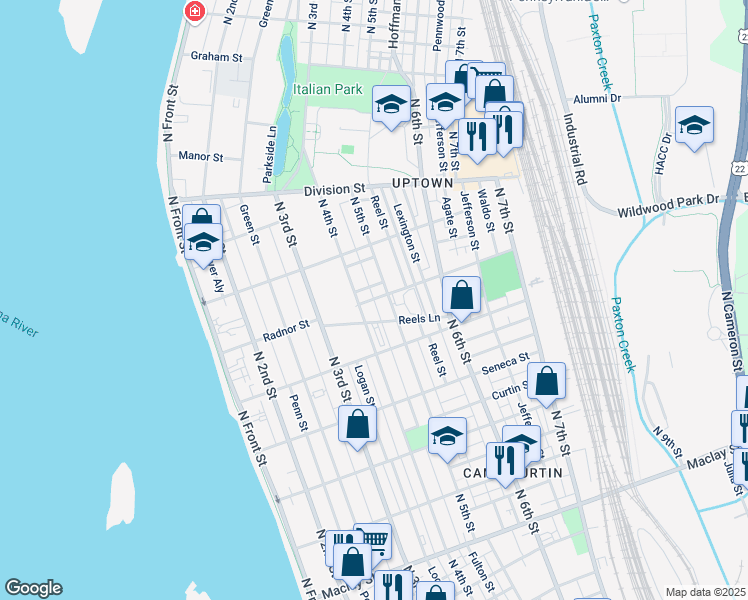 map of restaurants, bars, coffee shops, grocery stores, and more near 2599 Atlas Street in Harrisburg