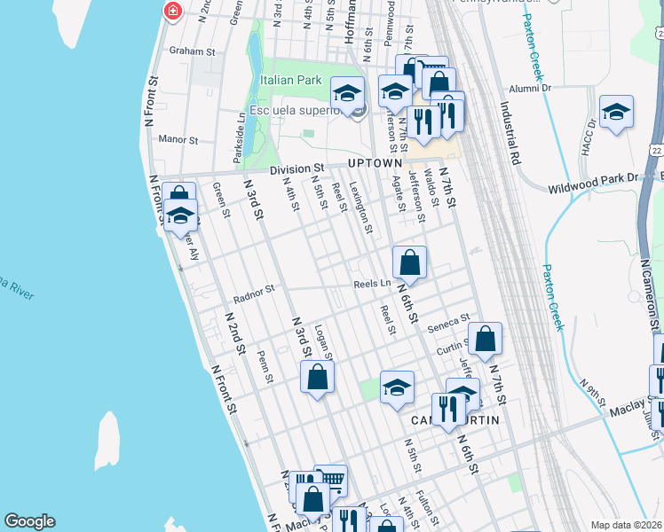 map of restaurants, bars, coffee shops, grocery stores, and more near Radnor Street in Harrisburg