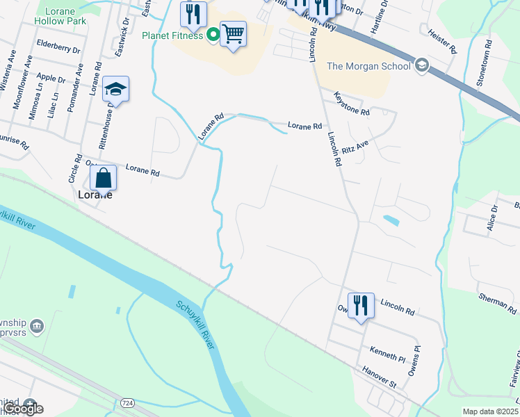 map of restaurants, bars, coffee shops, grocery stores, and more near Hall Avenue in Reading