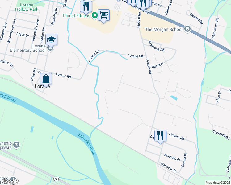 map of restaurants, bars, coffee shops, grocery stores, and more near Hall Avenue in Reading