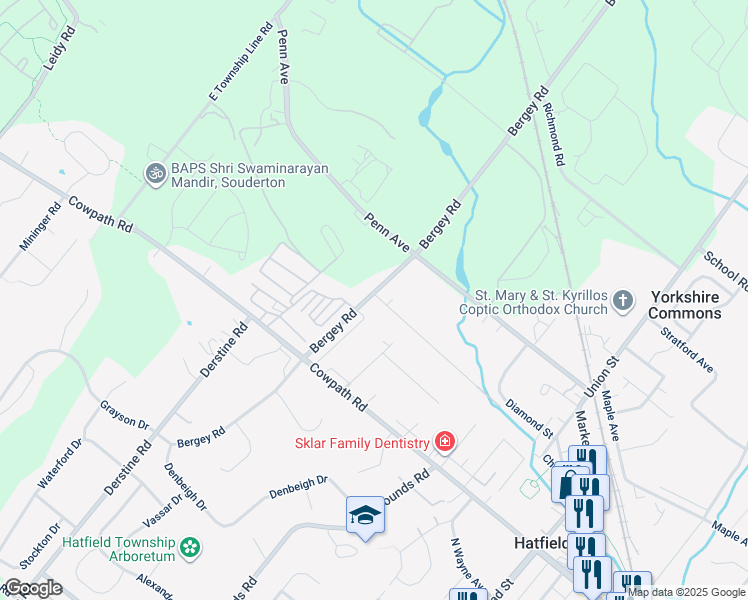 map of restaurants, bars, coffee shops, grocery stores, and more near 2135 Bergey Road in Hatfield