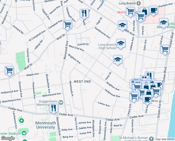map of restaurants, bars, coffee shops, grocery stores, and more near 383 Brighton Avenue in Long Branch
