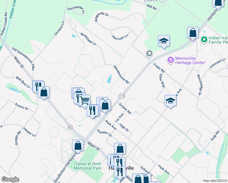 map of restaurants, bars, coffee shops, grocery stores, and more near 607 Alice Lane in Harleysville