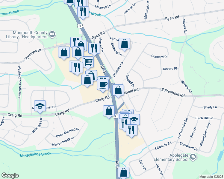 map of restaurants, bars, coffee shops, grocery stores, and more near 5 U.S. 9 in Freehold