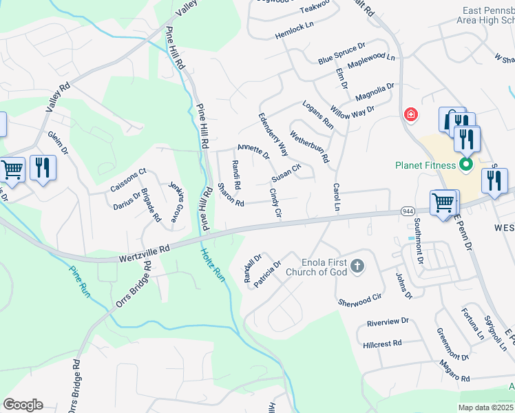 map of restaurants, bars, coffee shops, grocery stores, and more near 63 Sharon Road in Enola