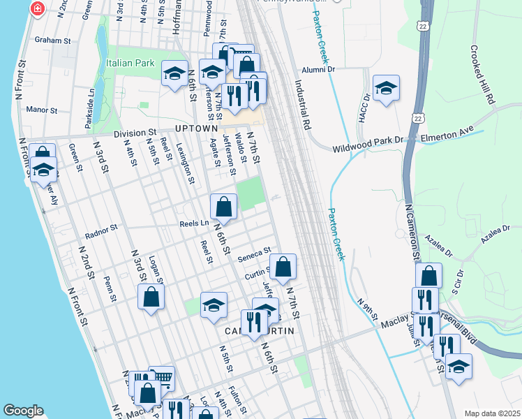 map of restaurants, bars, coffee shops, grocery stores, and more near 680 Schuylkill Street in Harrisburg