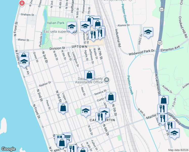 map of restaurants, bars, coffee shops, grocery stores, and more near 2520 Jefferson Street in Harrisburg