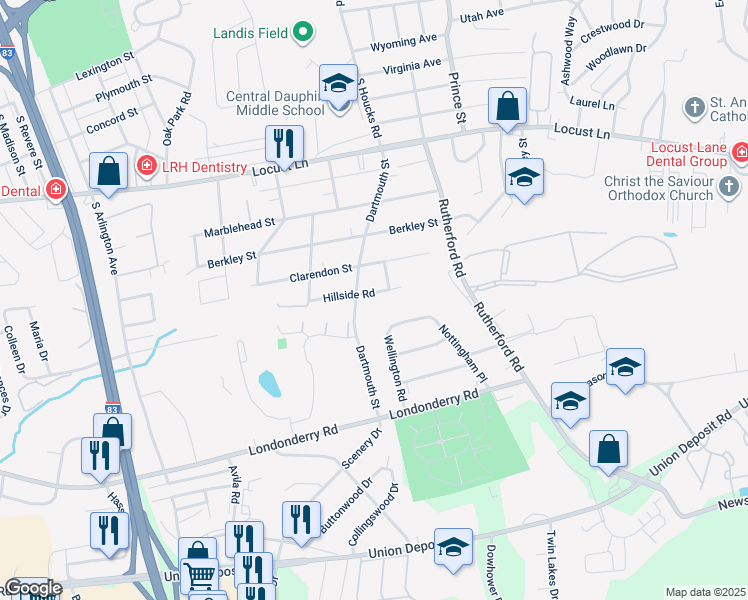 map of restaurants, bars, coffee shops, grocery stores, and more near 4707 Hillside Road in Harrisburg