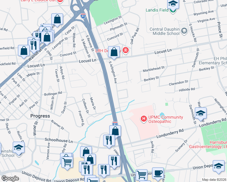 map of restaurants, bars, coffee shops, grocery stores, and more near 510 South Arlington Avenue in Harrisburg