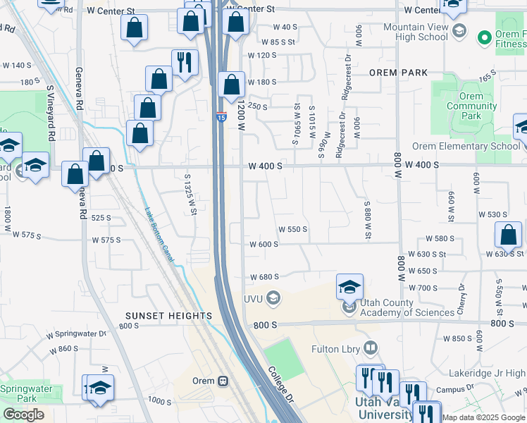 map of restaurants, bars, coffee shops, grocery stores, and more near 455 South 1160 West Street in Orem