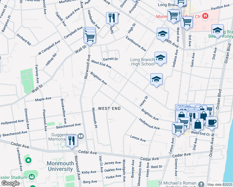map of restaurants, bars, coffee shops, grocery stores, and more near 383 Brighton Avenue in Long Branch