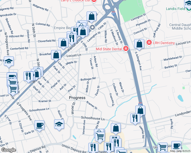 map of restaurants, bars, coffee shops, grocery stores, and more near 136 Levan Street in Harrisburg