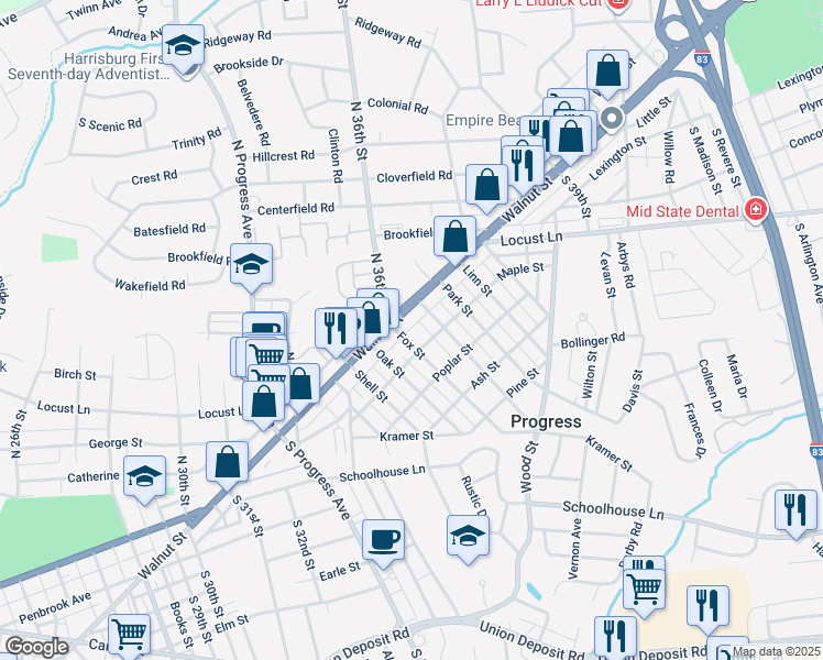 map of restaurants, bars, coffee shops, grocery stores, and more near 6 Fishburn Street in Harrisburg