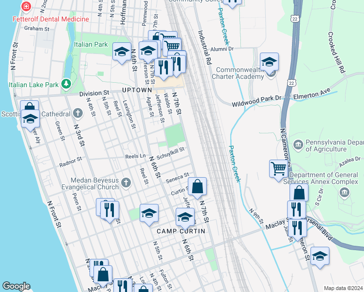 map of restaurants, bars, coffee shops, grocery stores, and more near 680 Schuylkill Street in Harrisburg