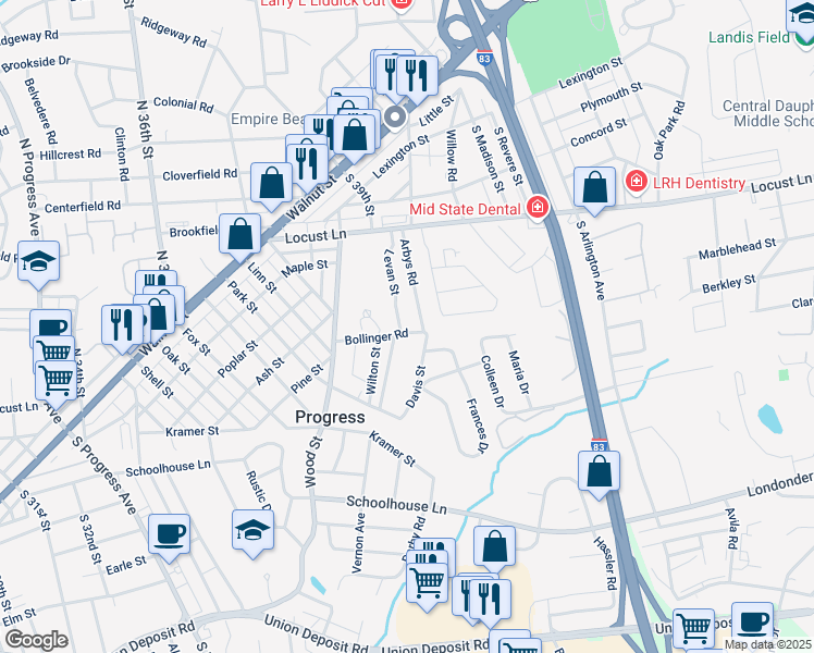 map of restaurants, bars, coffee shops, grocery stores, and more near 136 Levan Street in Harrisburg