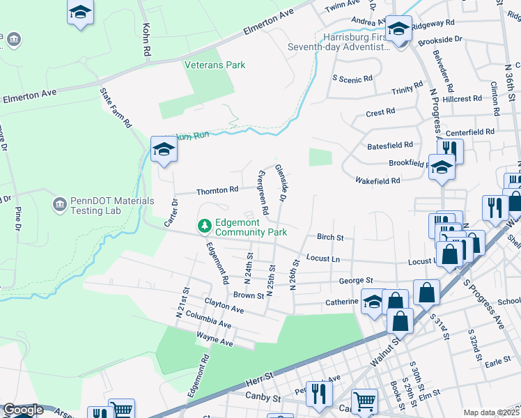 map of restaurants, bars, coffee shops, grocery stores, and more near 1716 Evergreen Road in Harrisburg