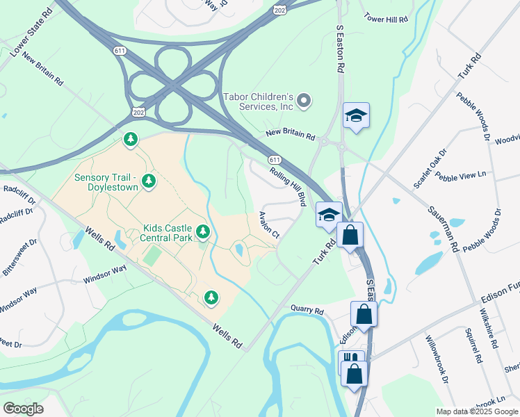 map of restaurants, bars, coffee shops, grocery stores, and more near 35 Avalon Court in Doylestown