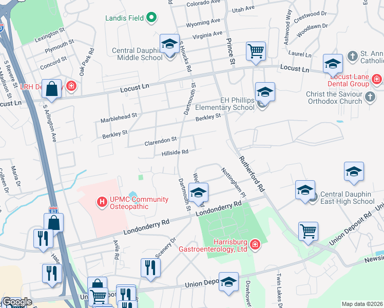map of restaurants, bars, coffee shops, grocery stores, and more near 412 Calvert Street in Harrisburg