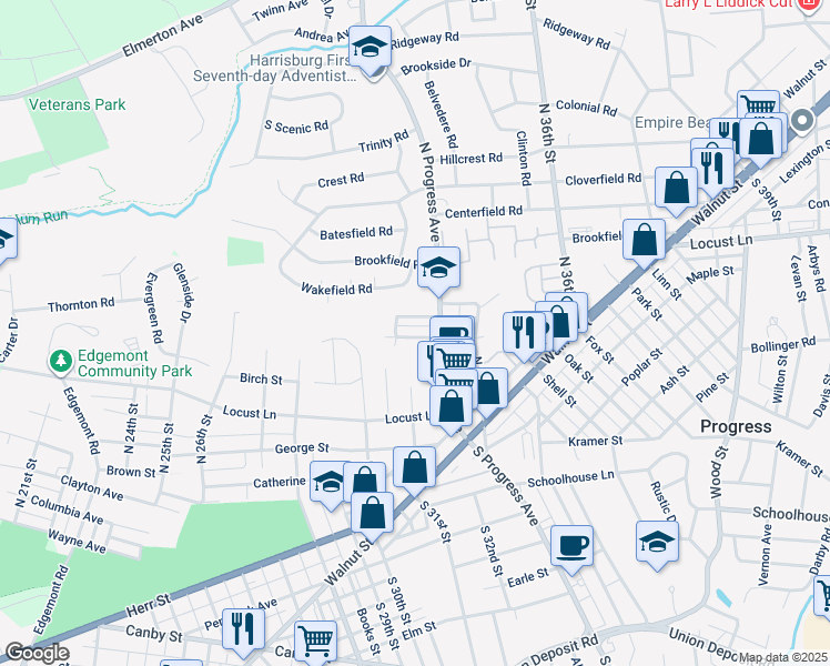 map of restaurants, bars, coffee shops, grocery stores, and more near 3212 Sunnyside Avenue in Harrisburg