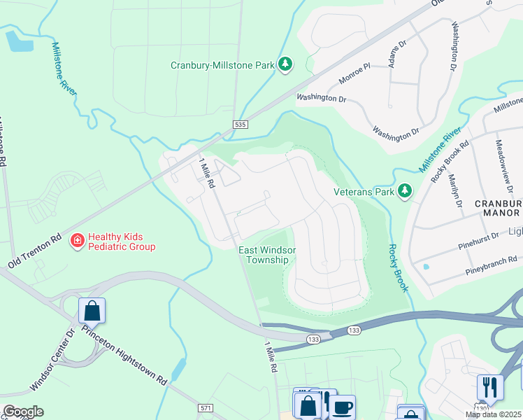map of restaurants, bars, coffee shops, grocery stores, and more near 5 Windsor Cmns in East Windsor