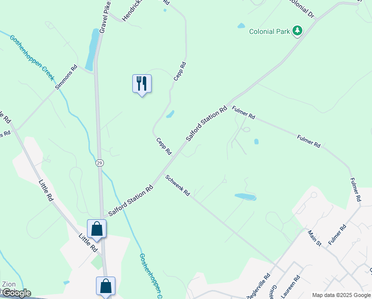 map of restaurants, bars, coffee shops, grocery stores, and more near 203 Salford Station Road in Perkiomenville