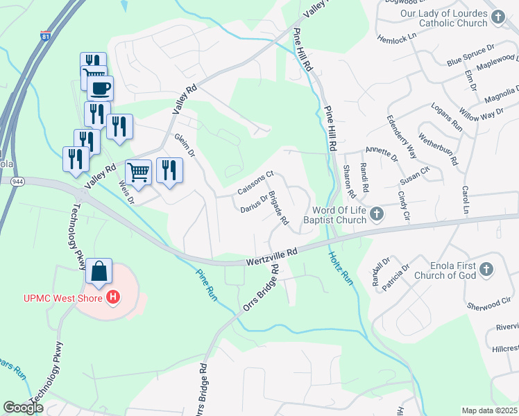 map of restaurants, bars, coffee shops, grocery stores, and more near 4079 Darius Drive in Enola