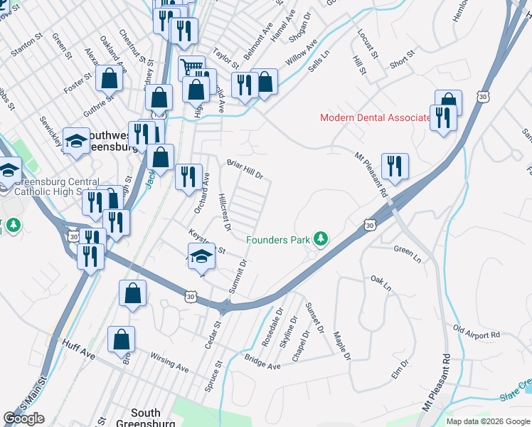 map of restaurants, bars, coffee shops, grocery stores, and more near 925 Summit Drive in Greensburg