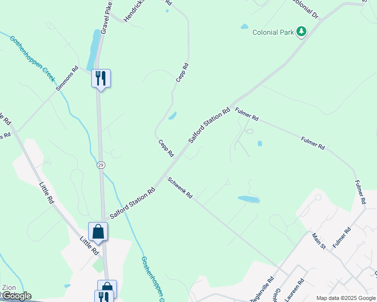map of restaurants, bars, coffee shops, grocery stores, and more near 203 Salford Station Road in Perkiomenville