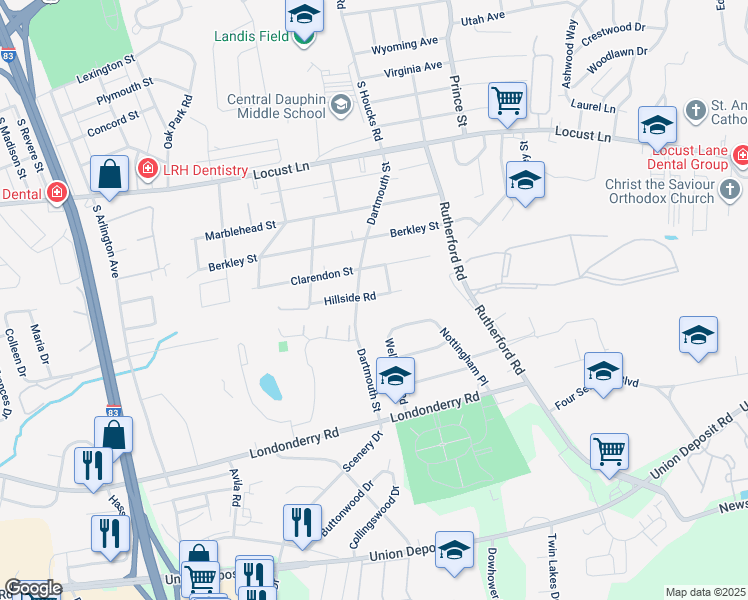 map of restaurants, bars, coffee shops, grocery stores, and more near 4707 Hillside Road in Harrisburg