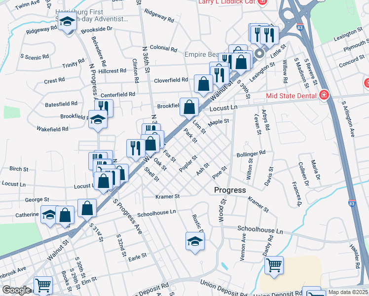 map of restaurants, bars, coffee shops, grocery stores, and more near 3701 Maple Street in Harrisburg