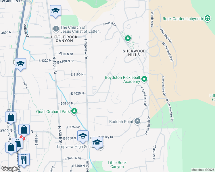 map of restaurants, bars, coffee shops, grocery stores, and more near 4158 North Scenic Drive in Provo