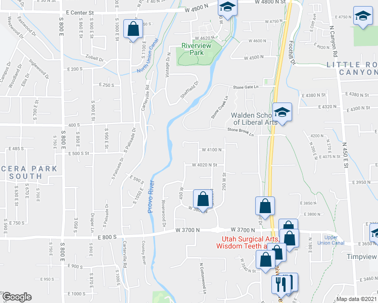 map of restaurants, bars, coffee shops, grocery stores, and more near 455 West 4150 North in Provo