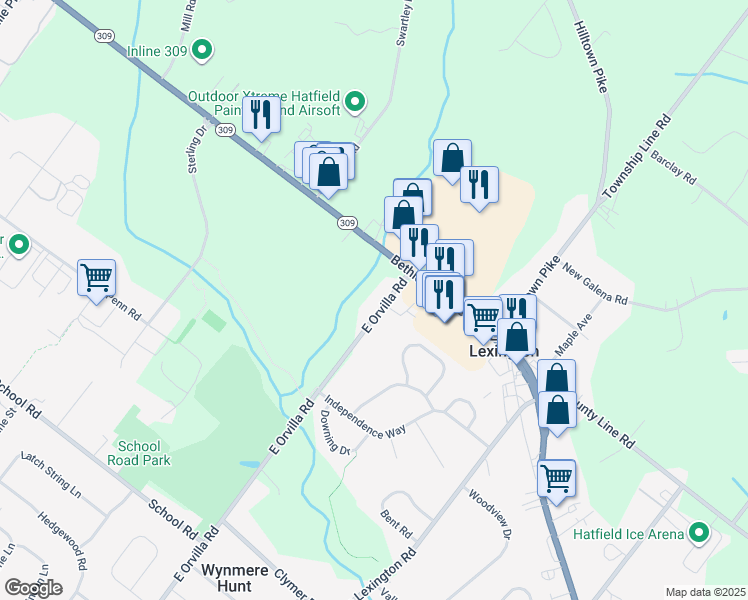 map of restaurants, bars, coffee shops, grocery stores, and more near 1522 Bethlehem Pike in Hatfield