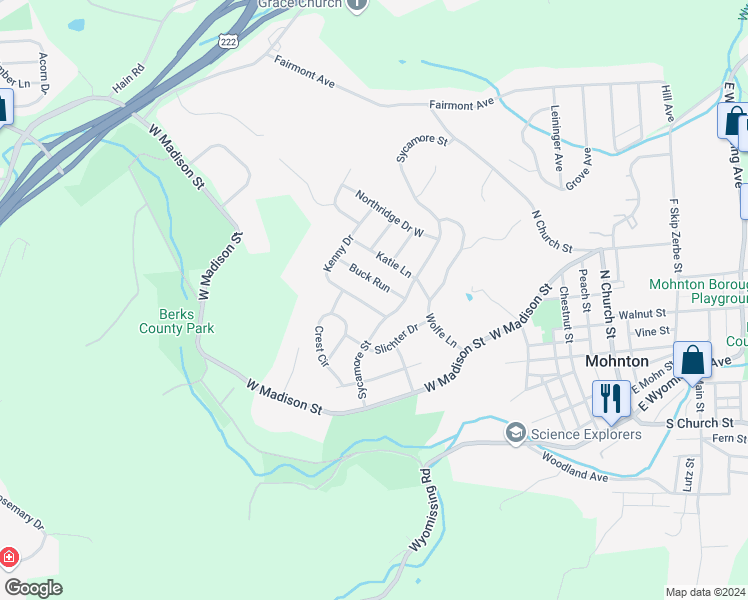 map of restaurants, bars, coffee shops, grocery stores, and more near 5 Kenny Drive in Mohnton