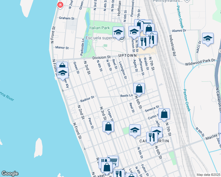 map of restaurants, bars, coffee shops, grocery stores, and more near 2637 Atlas Street in Harrisburg