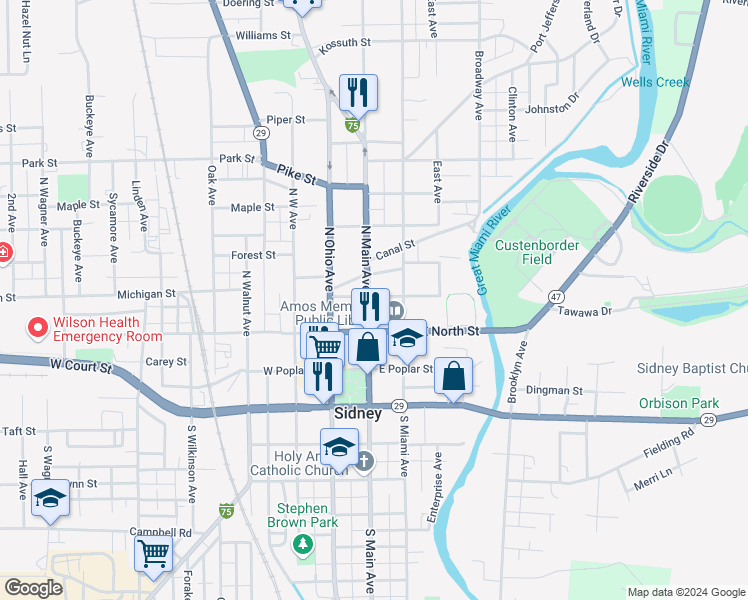 map of restaurants, bars, coffee shops, grocery stores, and more near 320 North Main Avenue in Sidney