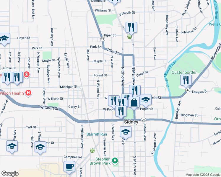 map of restaurants, bars, coffee shops, grocery stores, and more near 213 Forest Street in Sidney