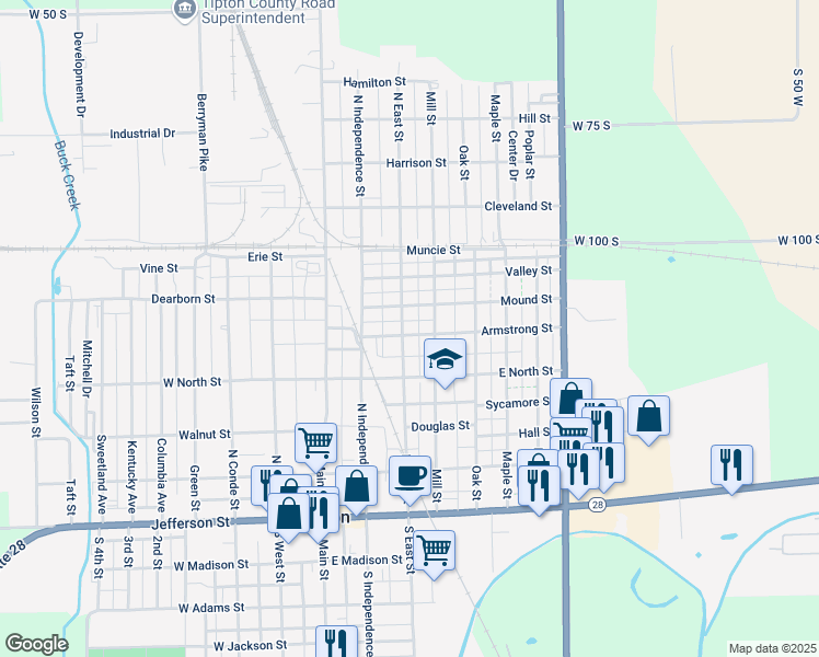 map of restaurants, bars, coffee shops, grocery stores, and more near 217 Mound Street in Tipton