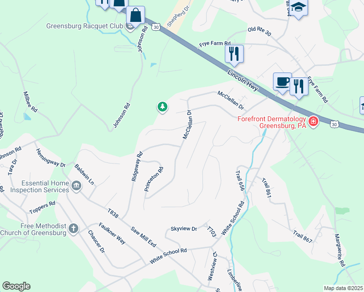 map of restaurants, bars, coffee shops, grocery stores, and more near 3117 Trail 916 in Greensburg