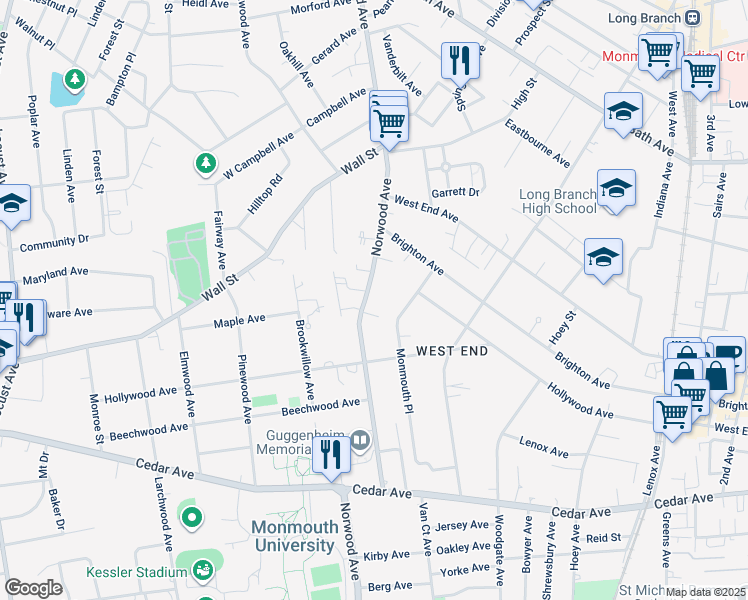map of restaurants, bars, coffee shops, grocery stores, and more near 320 Norwood Avenue in West Long Branch