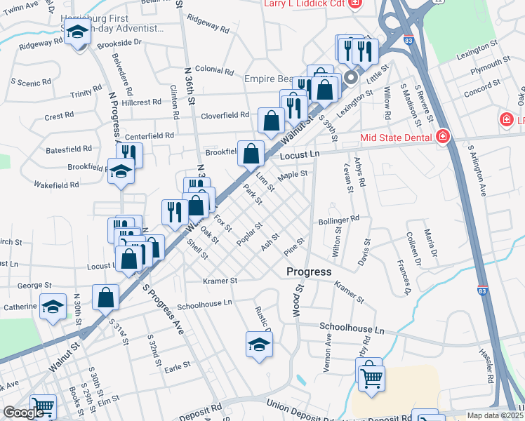 map of restaurants, bars, coffee shops, grocery stores, and more near 111 Park Street in Harrisburg