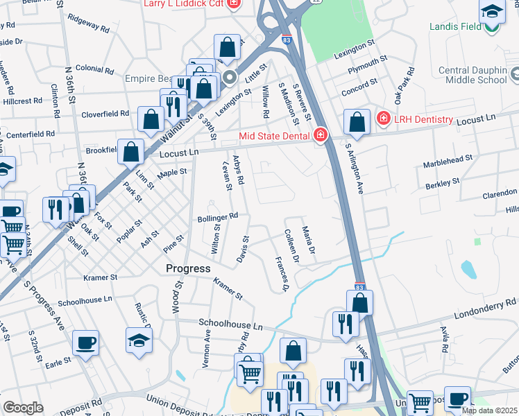 map of restaurants, bars, coffee shops, grocery stores, and more near 4001 Cheryl Drive in Harrisburg