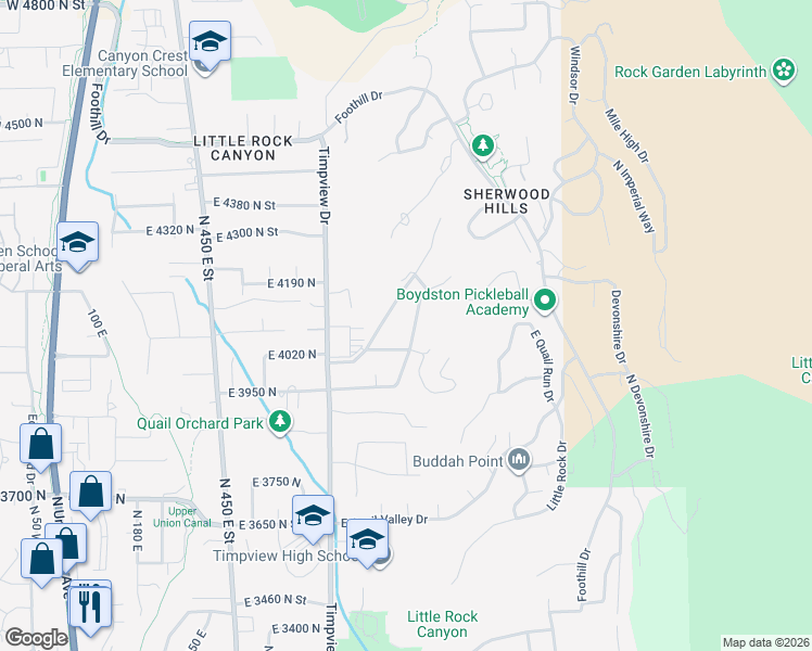 map of restaurants, bars, coffee shops, grocery stores, and more near 4158 North Scenic Drive in Provo