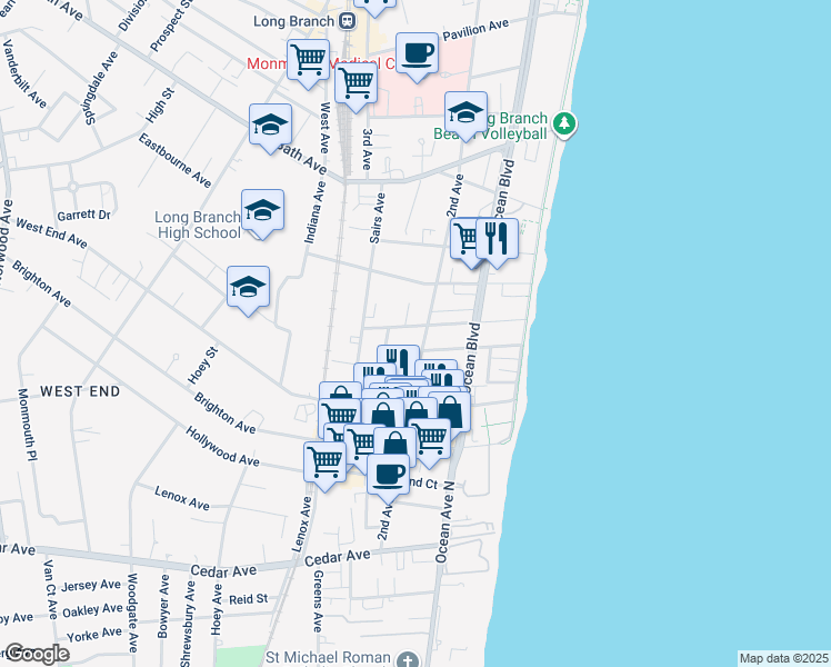 map of restaurants, bars, coffee shops, grocery stores, and more near 101 Avery Avenue in Long Branch