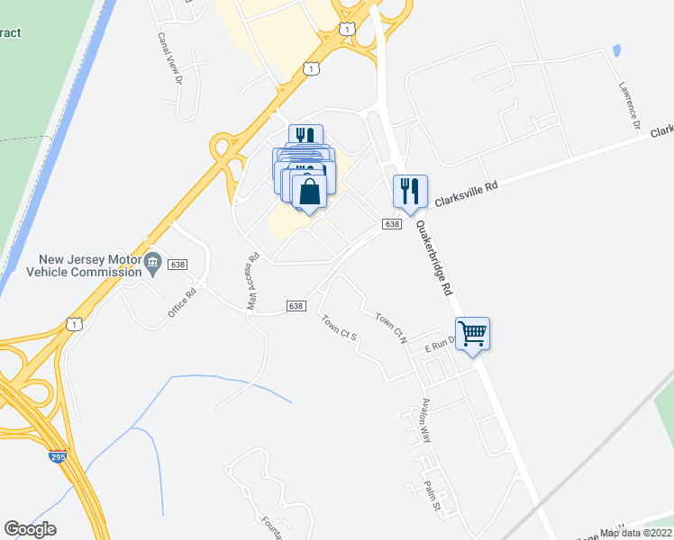 map of restaurants, bars, coffee shops, grocery stores, and more near 119 Grovers Mill Road in Lawrence Township