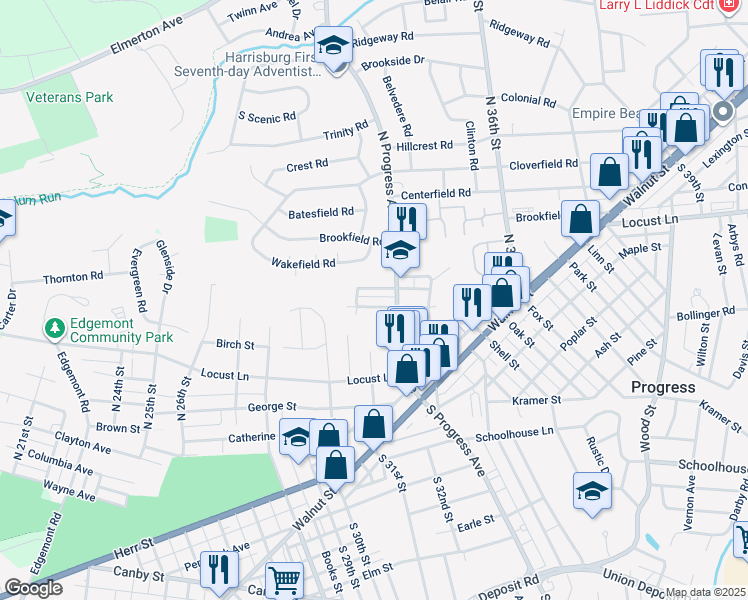 map of restaurants, bars, coffee shops, grocery stores, and more near 3212 Sunnyside Avenue in Harrisburg