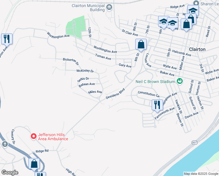 map of restaurants, bars, coffee shops, grocery stores, and more near 1403 Madison Avenue in Clairton